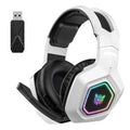 Black and white wireless gaming headset with RGB lighting showing 2.4G receiver and charging cable