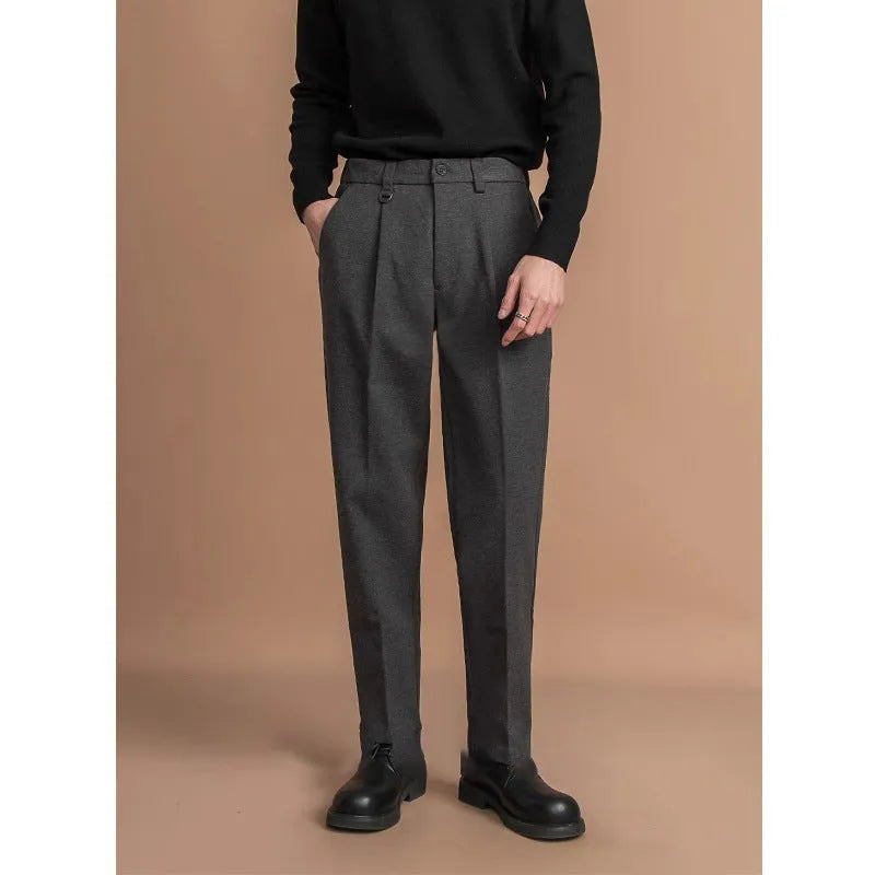 Men's straight-leg drape style suit trousers in four colour options
