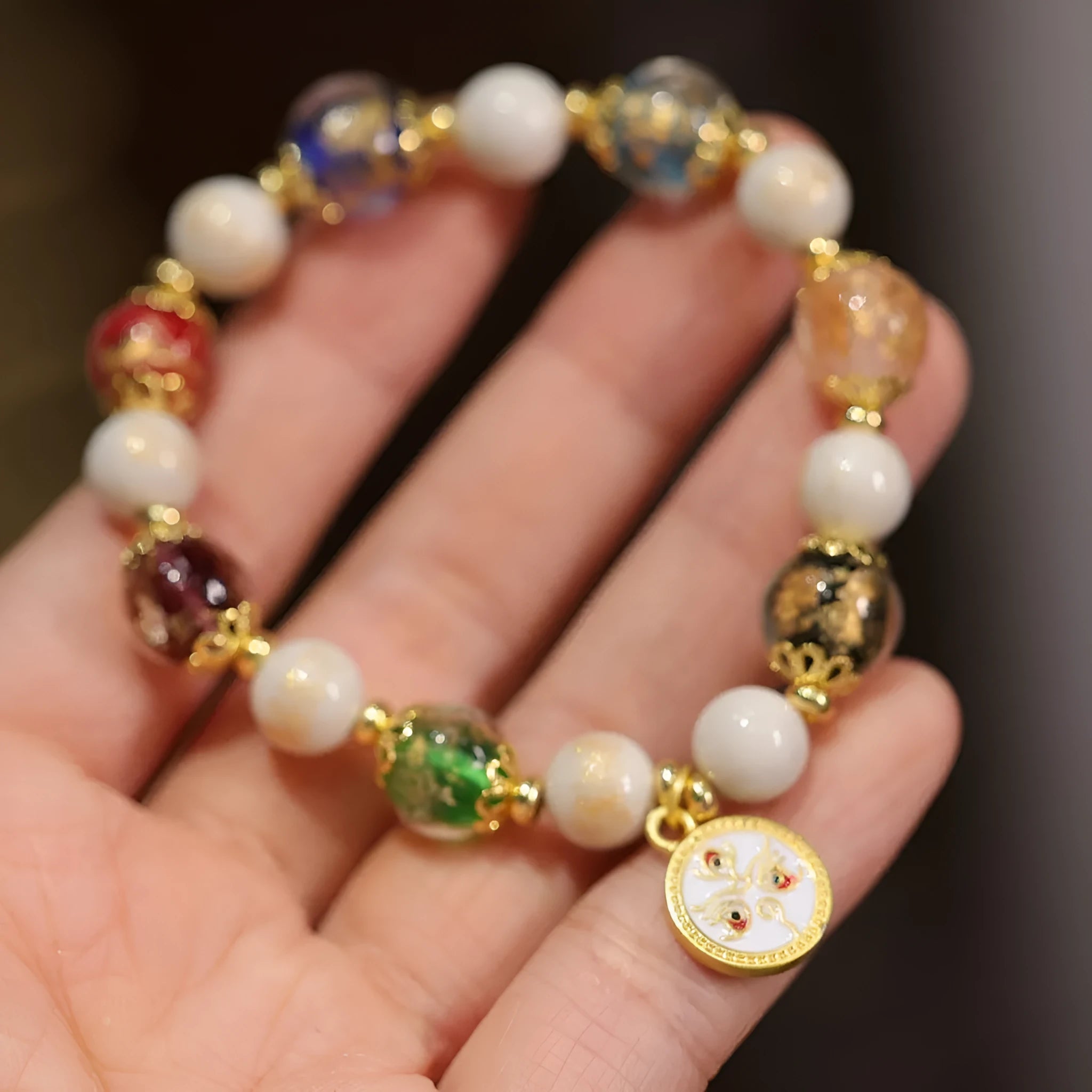 Handmade fragrant gray porcelain glaze bracelet with Five Gods of Wealth motif and geometric 10mm glass beads