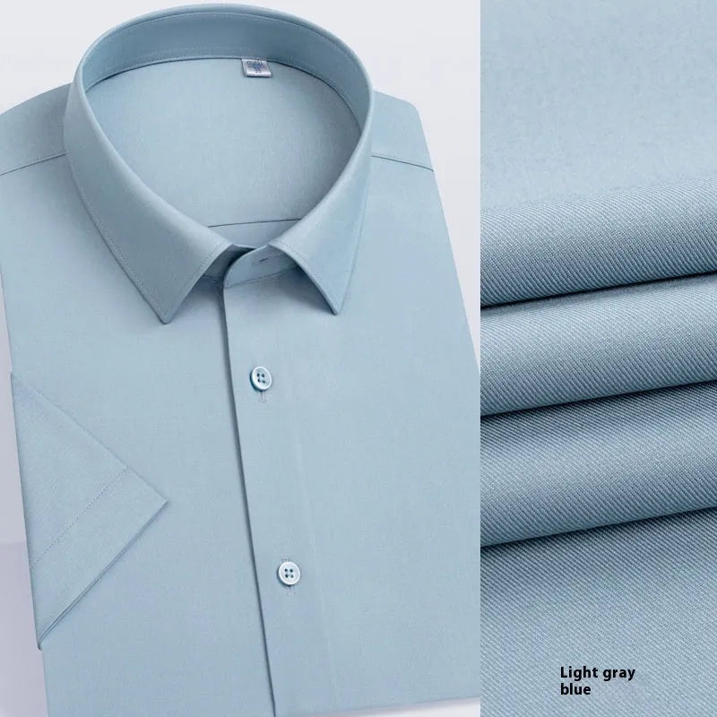 Men's light blue long-sleeved casual shirt with non-ironing bamboo polyester fabric on a hanger.