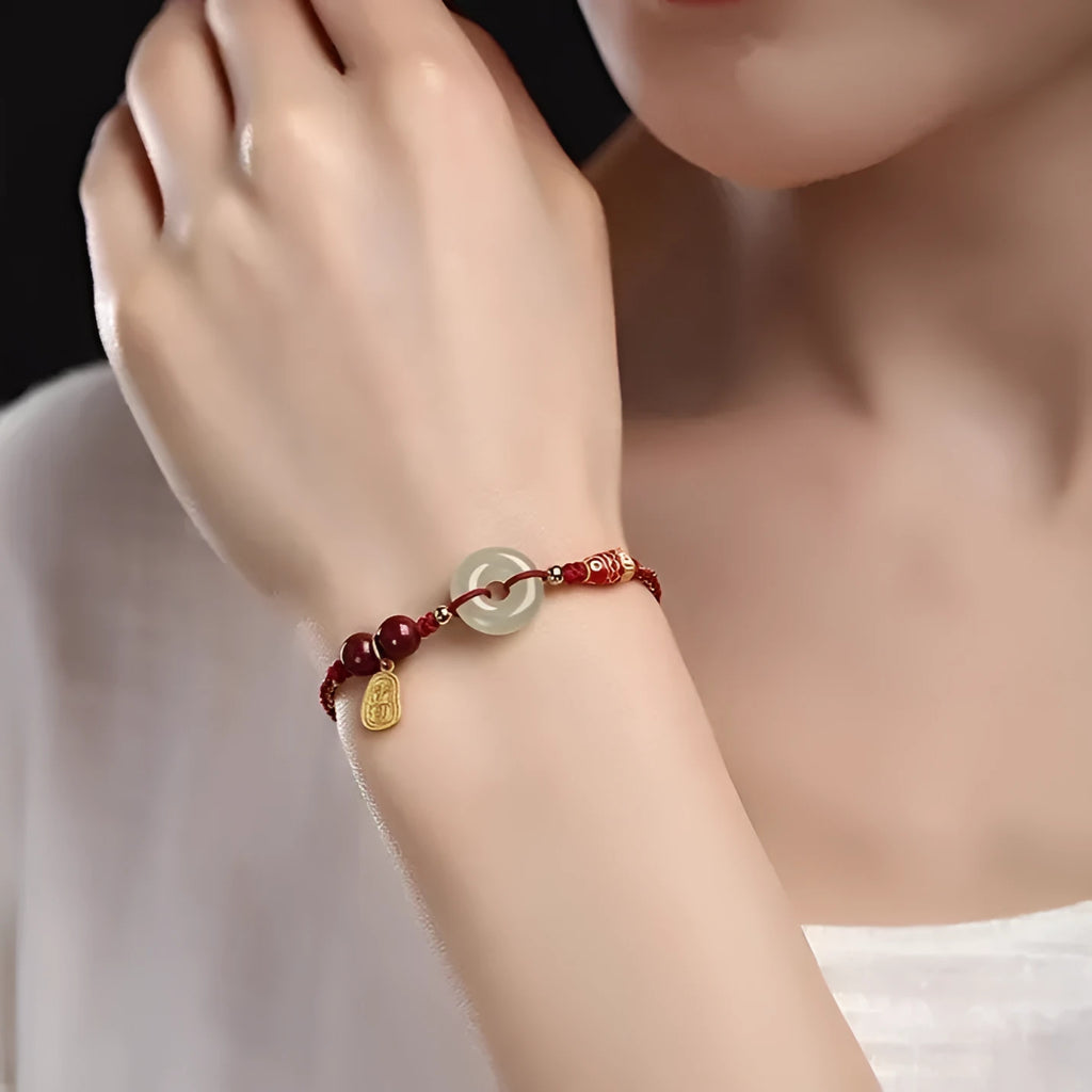 Hetian jade peace buckle bracelet with 10mm beads on adjustable braided rope in three colour options