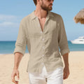 Men's linen casual shirt in an American-style loose fit, shown in Army Green colour.