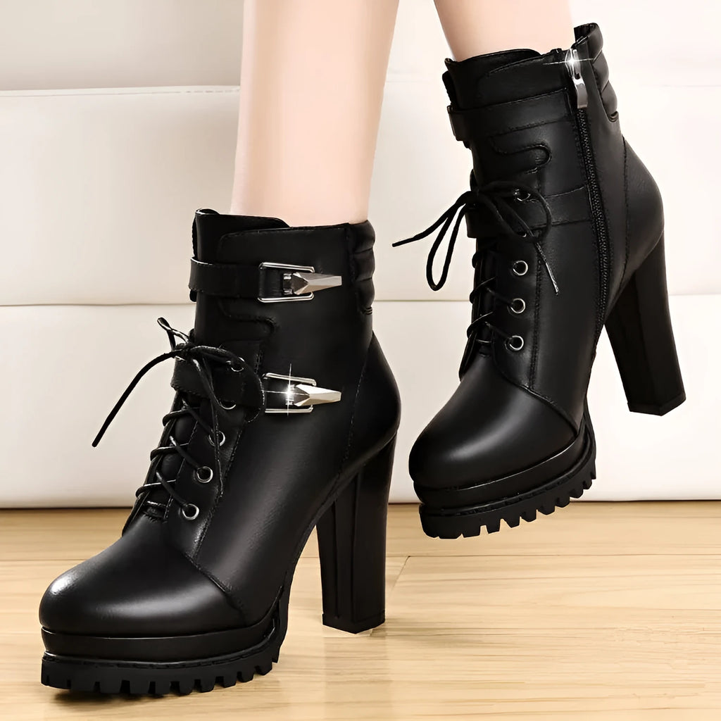 Women's black artificial PU high heel shoes with round toe and thick super high heel above 8cm