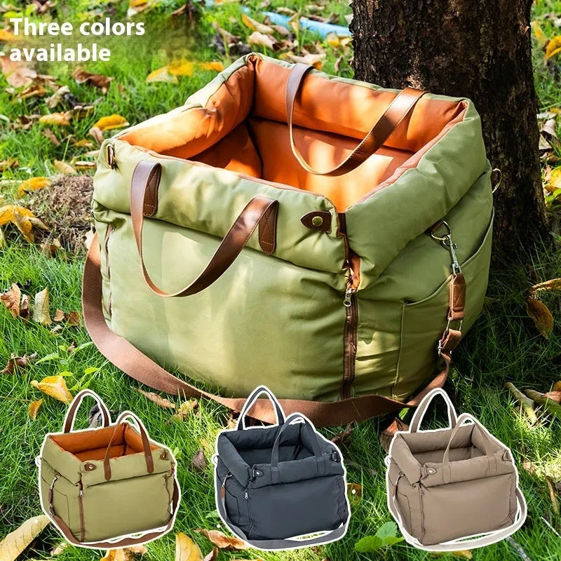 Portable cloth cat car kennel pet safety seat in brown colour on car seat
