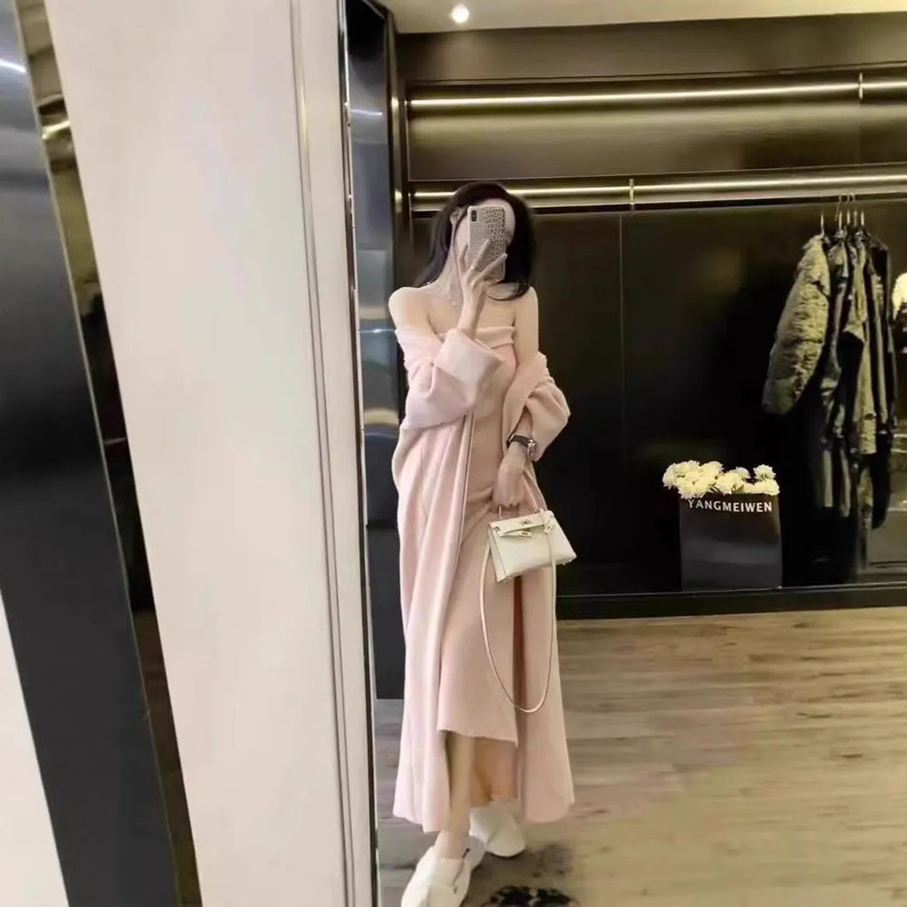 Women's grey knitted cardigan and dress two-piece suit set with flocking detail.