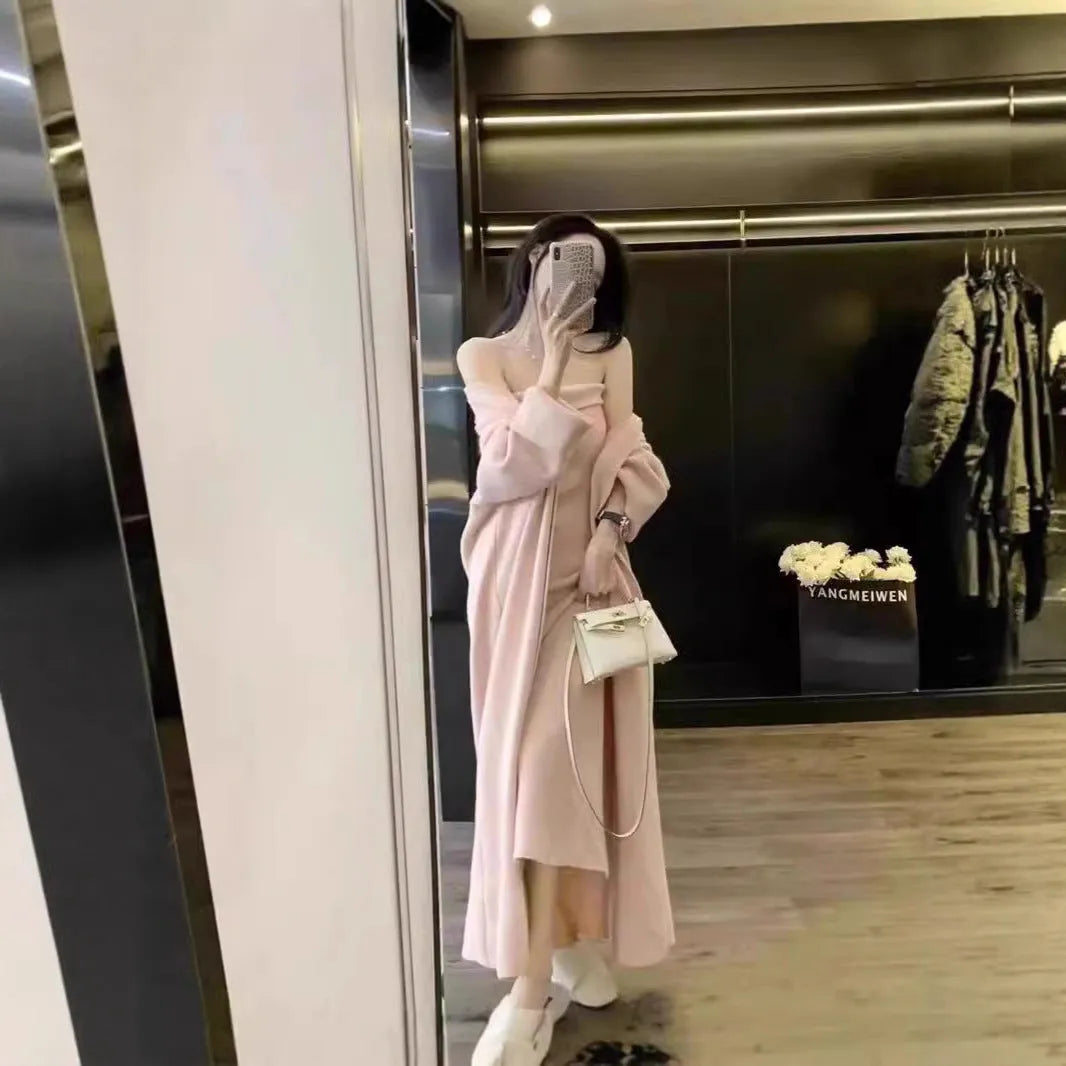 Women's grey knitted cardigan and dress two-piece suit set with flocking detail.