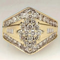 Gold electroplated copper heavy industry ring with geometric palace style design on finger