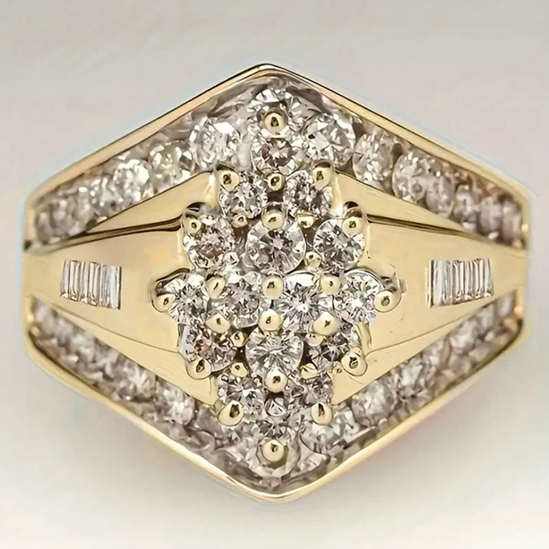 Gold electroplated copper heavy industry ring with geometric palace style design on finger