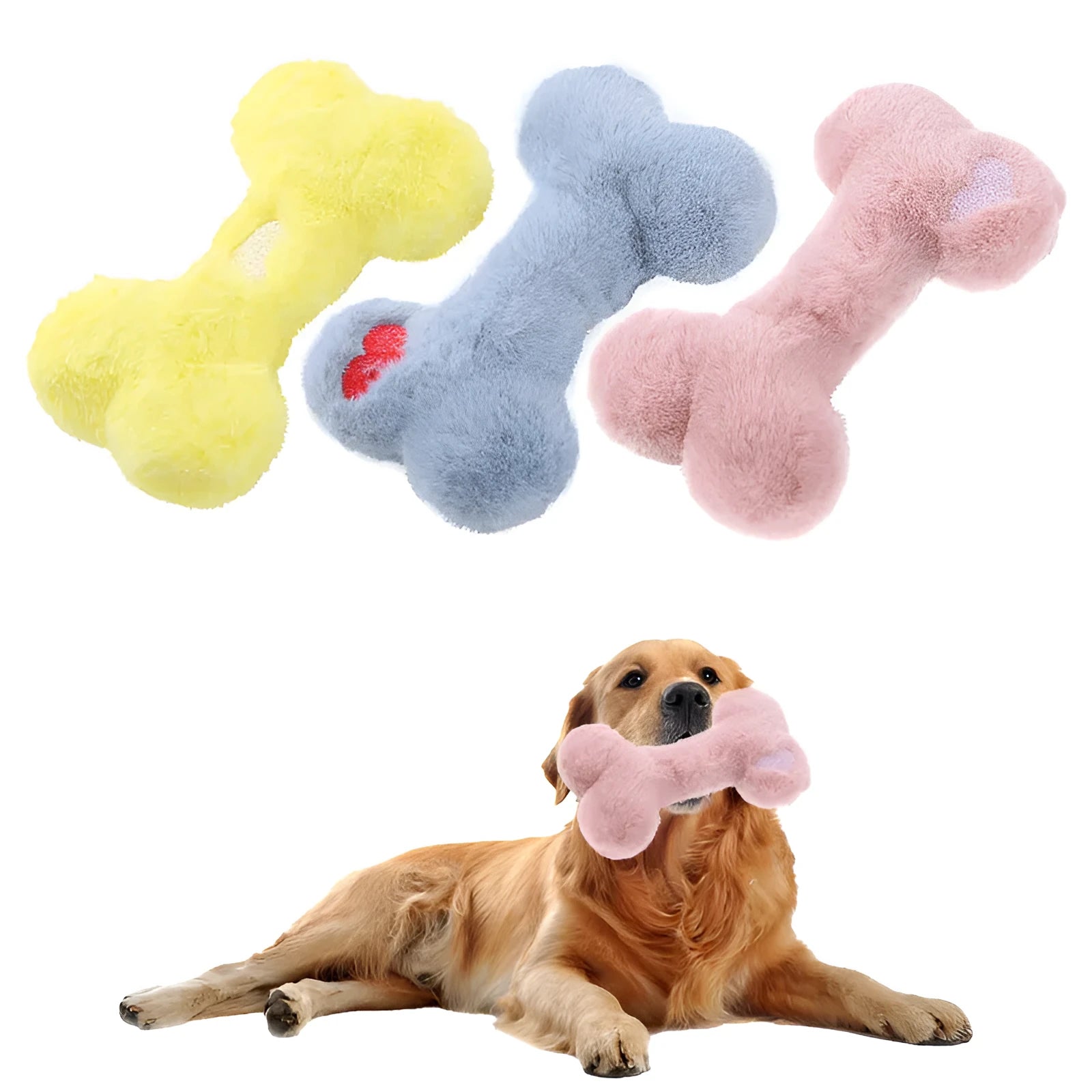 Bone-shaped plush dog toy with hearts and 'Love' text, containing squeaker for interactive pet play