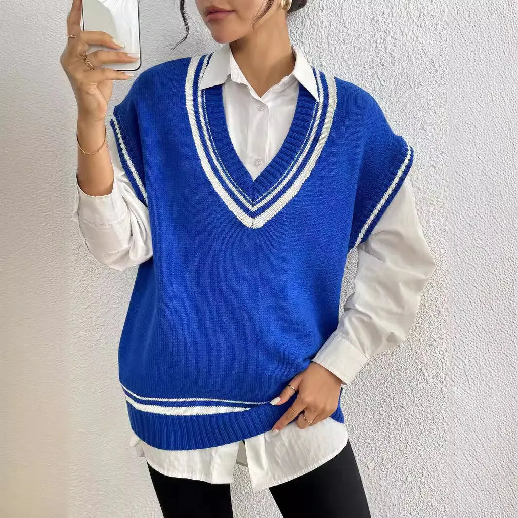 Women's loose fit wool vest sweater in blue coffee black colours with European American sizing