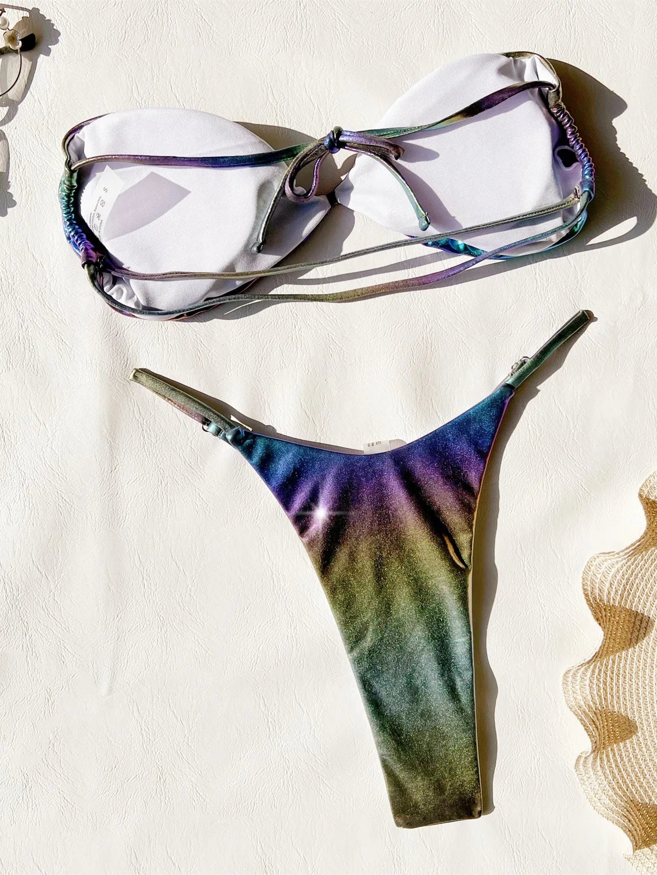 Women's gradient purple polyester bikini swimsuit set on a white background