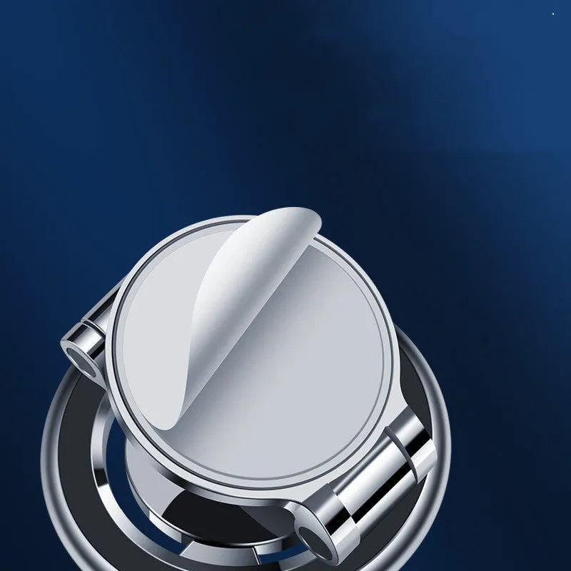 Car phone holder with magnetic adhesive mount and 360 degree rotating bracket on dashboard