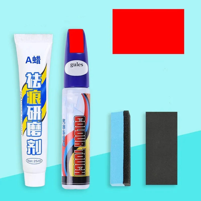 Automotive paint repair pen kit with touch-up fluid, wax, sponge, and sandpaper for car scratch repair.