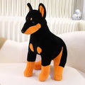 Black Doberman Pinscher plush toy with short plush surface, available in 40cm or 55cm sizes