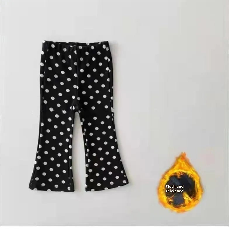 Girls fleece-lined bell-bottom pants in plaid pattern, polyester fabric, mid-waist, suitable for 80-150cm height