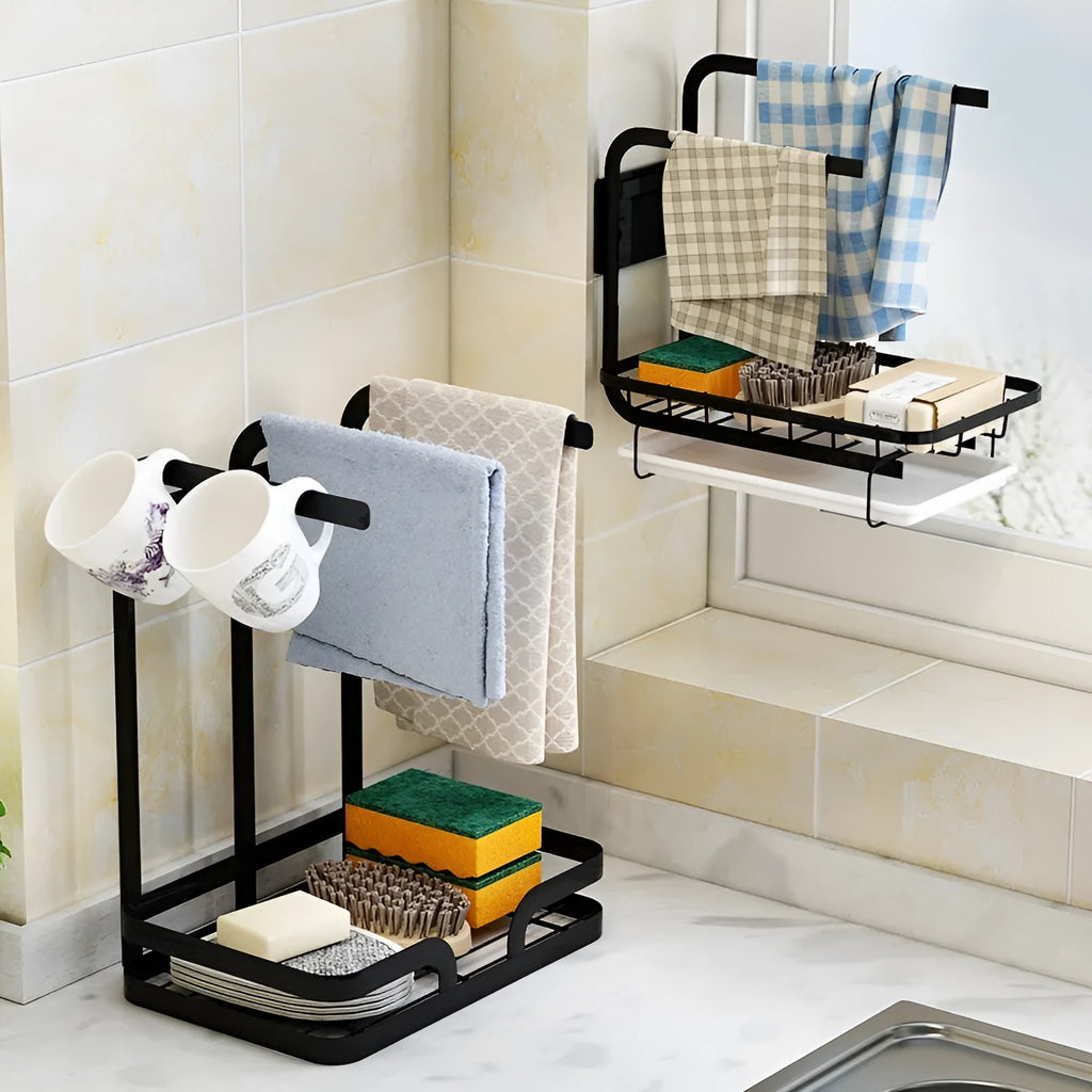 White foldable plastic kitchen drying rack in new Chinese style, shown in desktop and wall-mounted configurations.