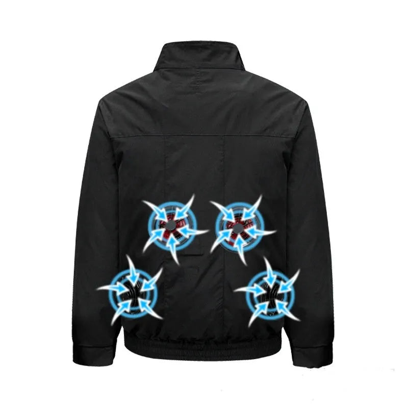 Men's black smart air conditioning work jacket with cooling fan and ventilation holes for outdoor summer use