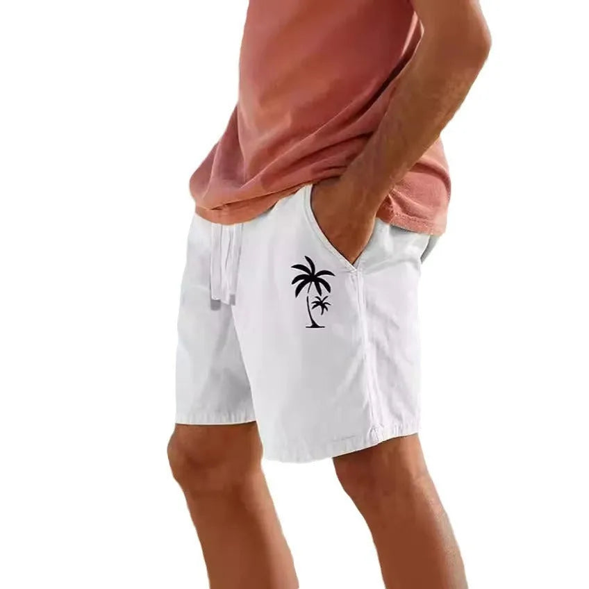 Men's elastic drawstring shorts with heat transfer floral patterns in cotton blend fabric