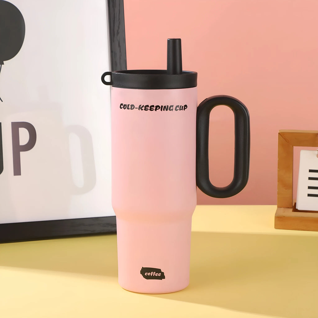 Insulated straw cup with handle showing 710ml capacity and leak-proof lid in assorted colours