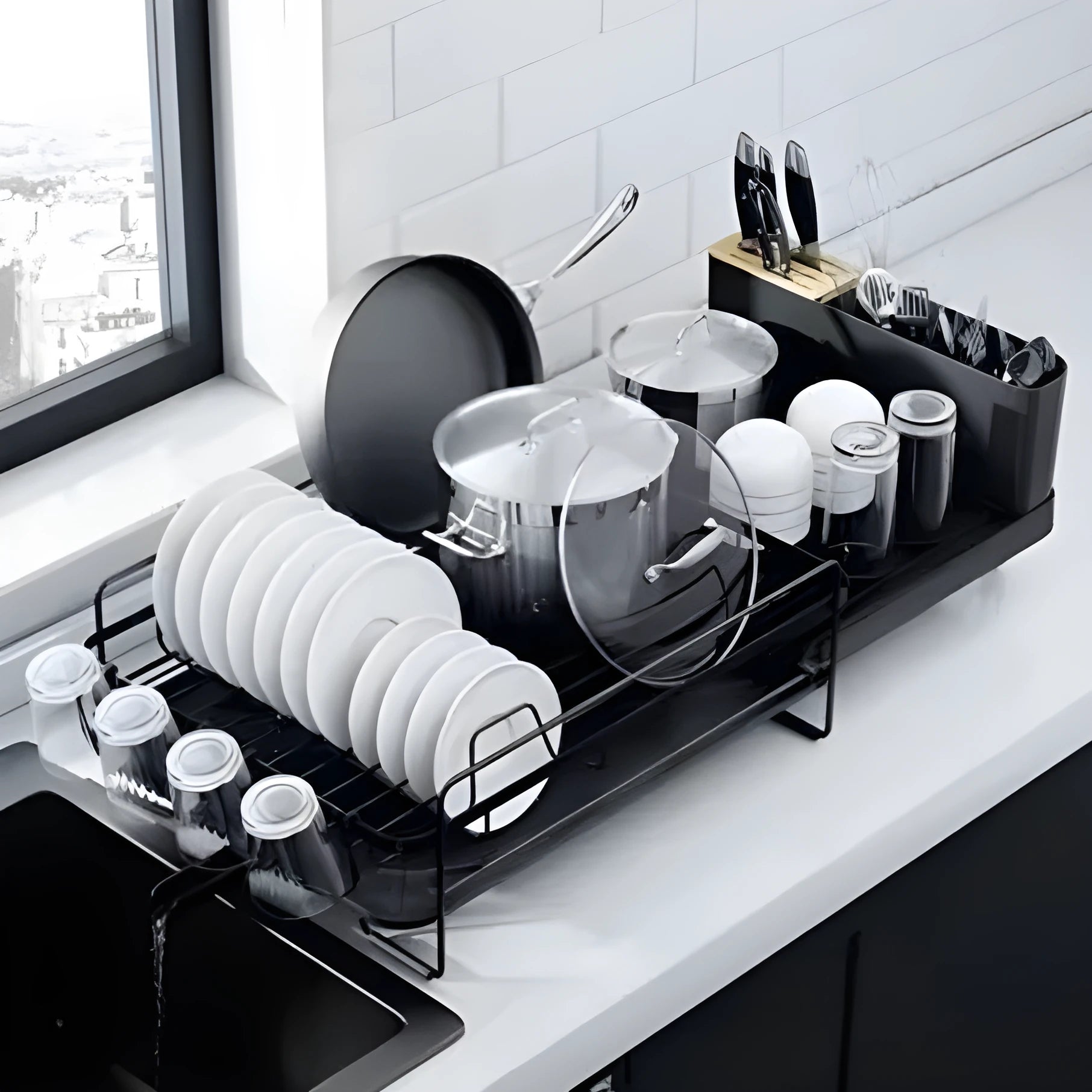 Carbon steel retractable dish rack for cutlery, knives, forks and cup storage