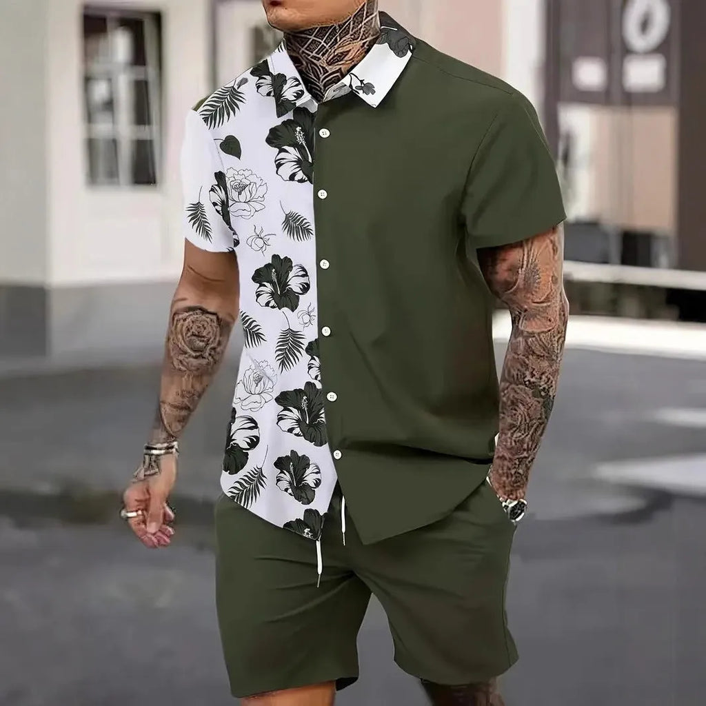 Men's Hawaiian themed 3D printed short sleeve top and matching shorts leisure suit set