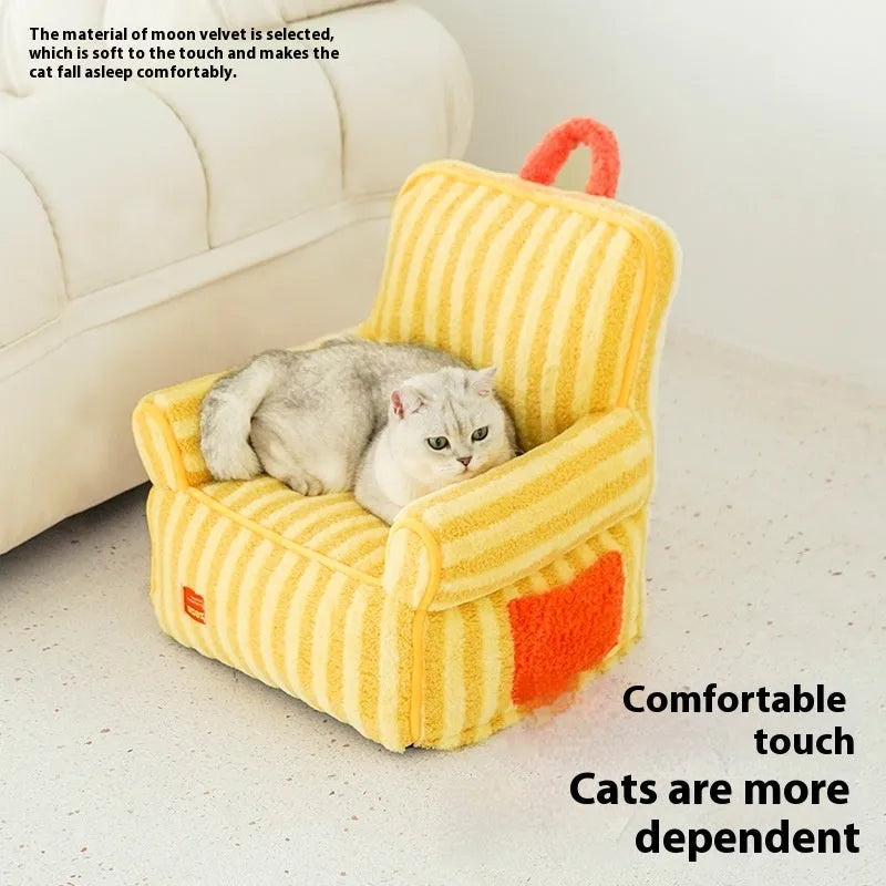 Striped soft velvet dog bed with a removable cover in orange, purple, or yellow.