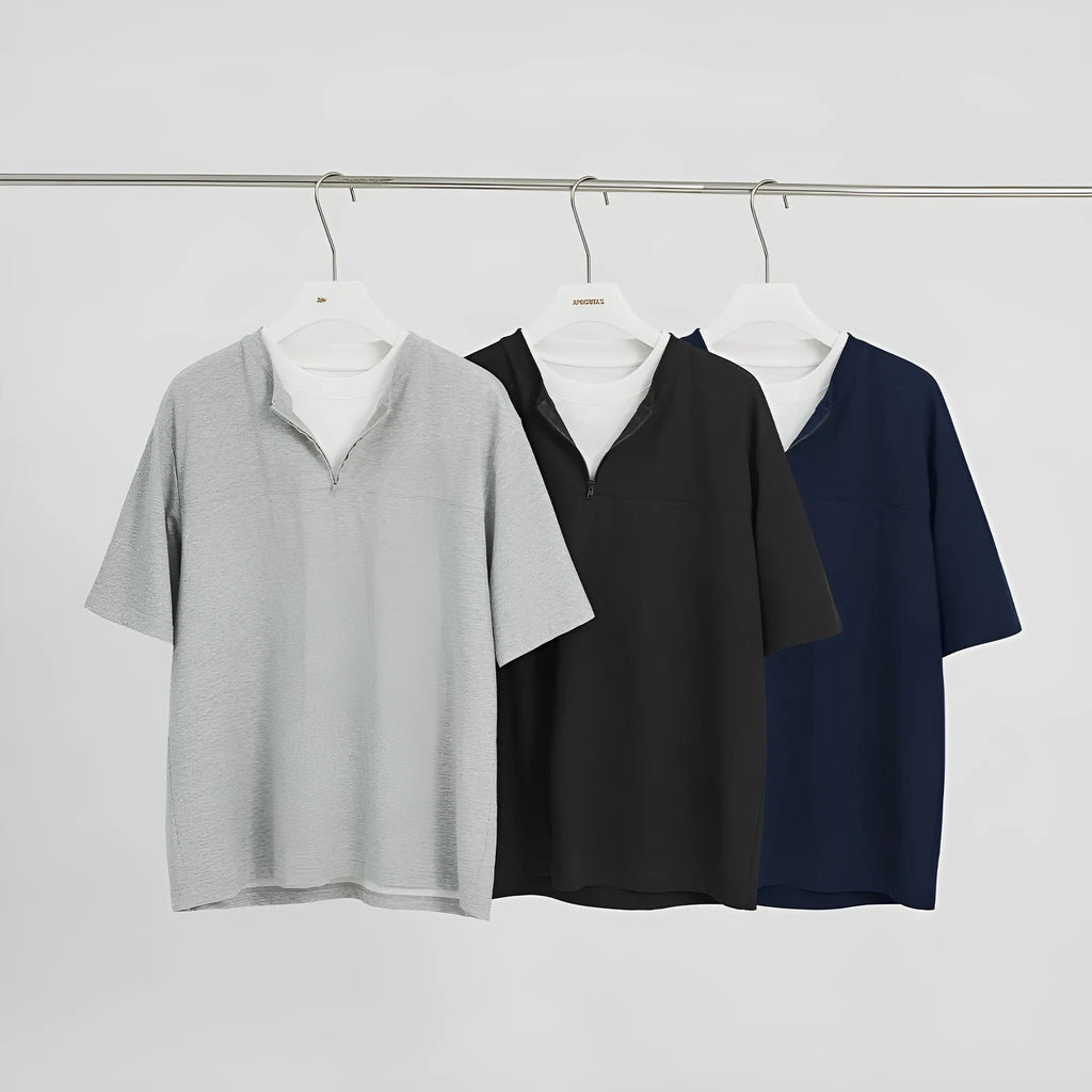 Women's loose zip false two-piece patchwork top in cotton blend fabric solid colours