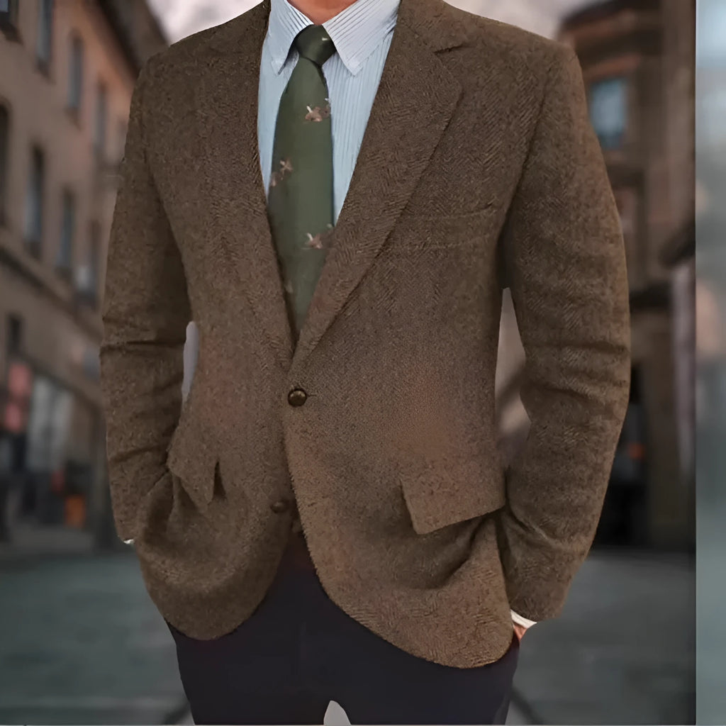 Men's brown herringbone suit jacket with long sleeves and a notch lapel