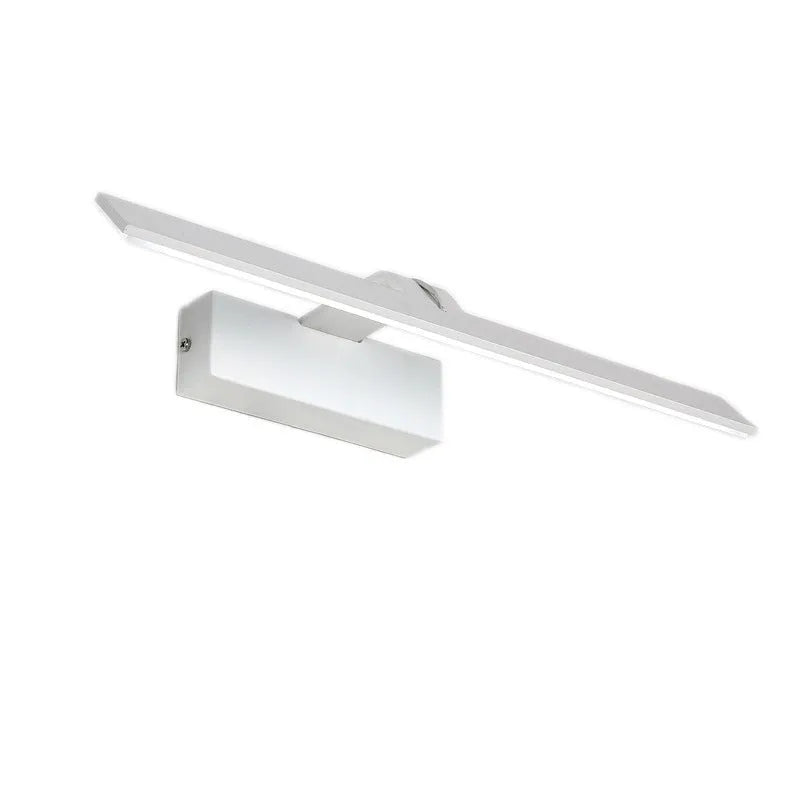 White rectangular LED bathroom mirror headlight showing three colour lighting options.