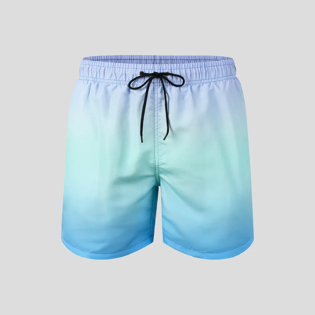Men's sport shorts with a gradient colour 3D digital print on grey mesh fabric.