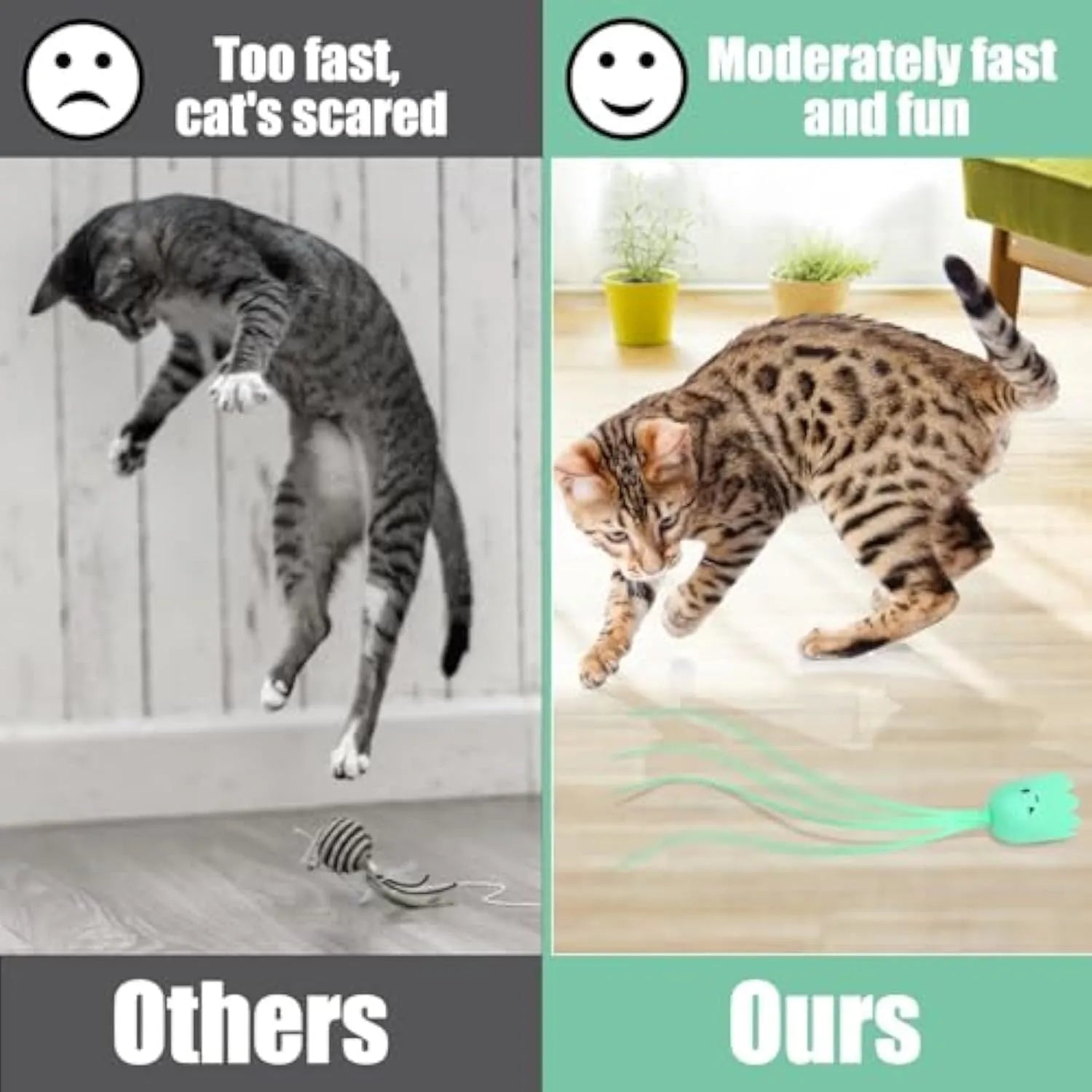 Green automatic electronic cat wand toy with swinging silicone tails on a 38cm wand.