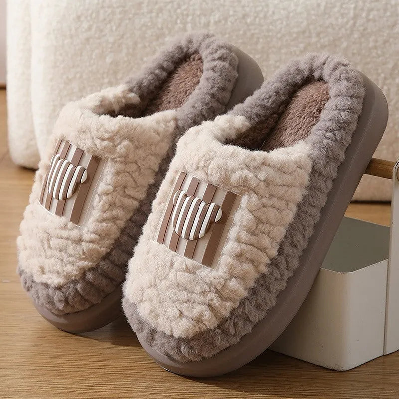 Lamb wool non-slip indoor slippers for couples in winter, thick sole with car stitching