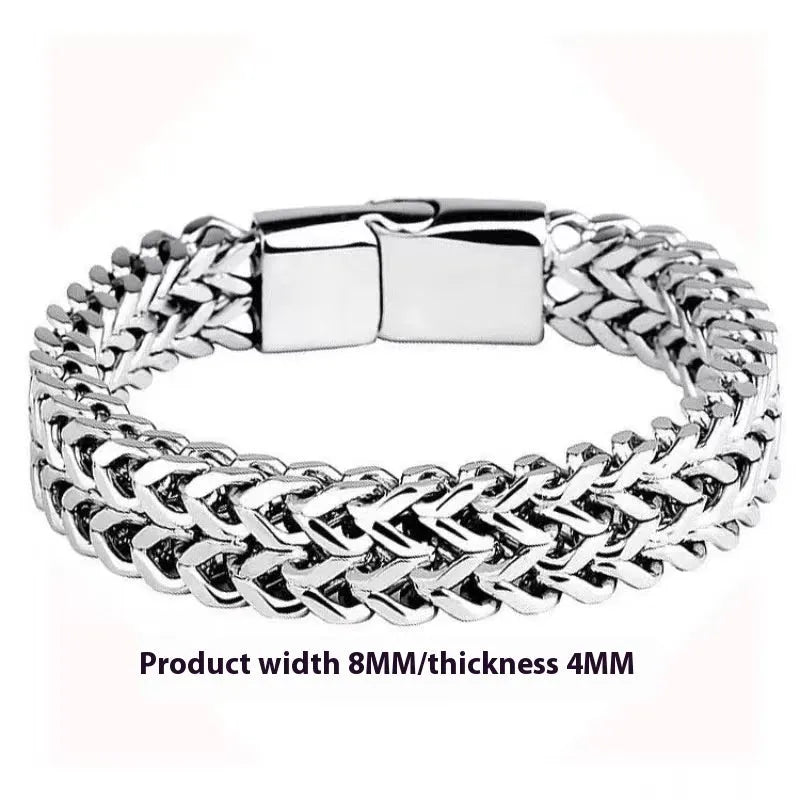 Men's stainless steel hip hop bracelet with geometric pattern on front and back, silver colour with 4x8mm or 5x10mm link options