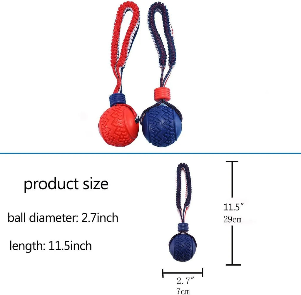 Blue and red natural rubber dog ball attached to a rope for tug-of-war and teeth cleaning.