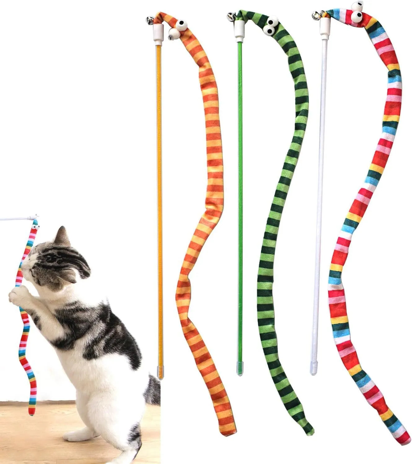 Cat wand toy with polycarbonate pole and long plush strip in green, orange, or rainbow colours