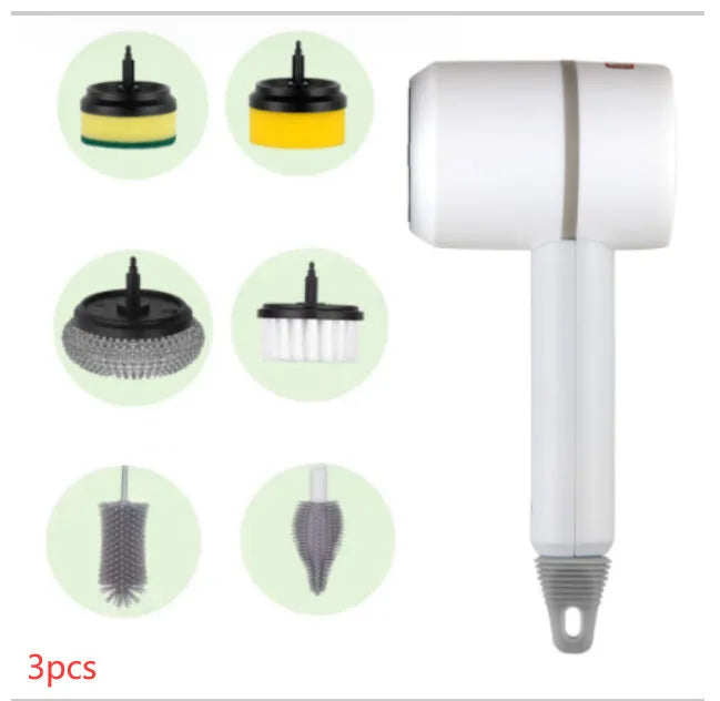 White rechargeable electric cleaning brush with multiple scrubber heads on a kitchen worktop.