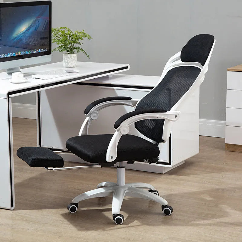 Black and white ergonomic computer gaming chair with linkage armrests and recline function.