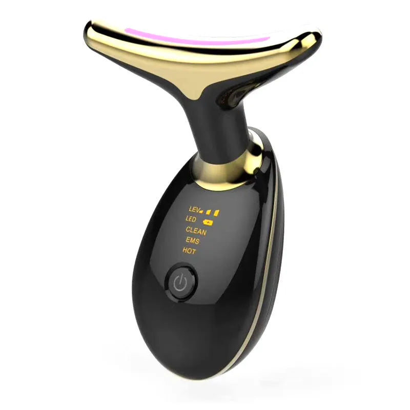 Black and silver EMS thermal neck massager with LED lights for wrinkle reduction and skin tightening