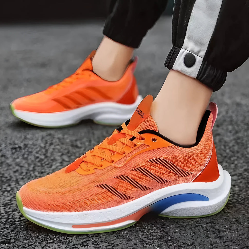 Breathable low-top casual sports shoes with cloth lining in black, orange, and white blue