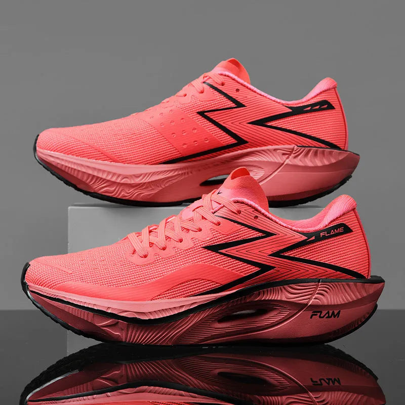 Marathon carbon plate racing shoes in orange colour with fabric upper and platform heel design for running