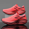 Marathon carbon plate racing shoes in orange colour with fabric upper and platform heel design for running