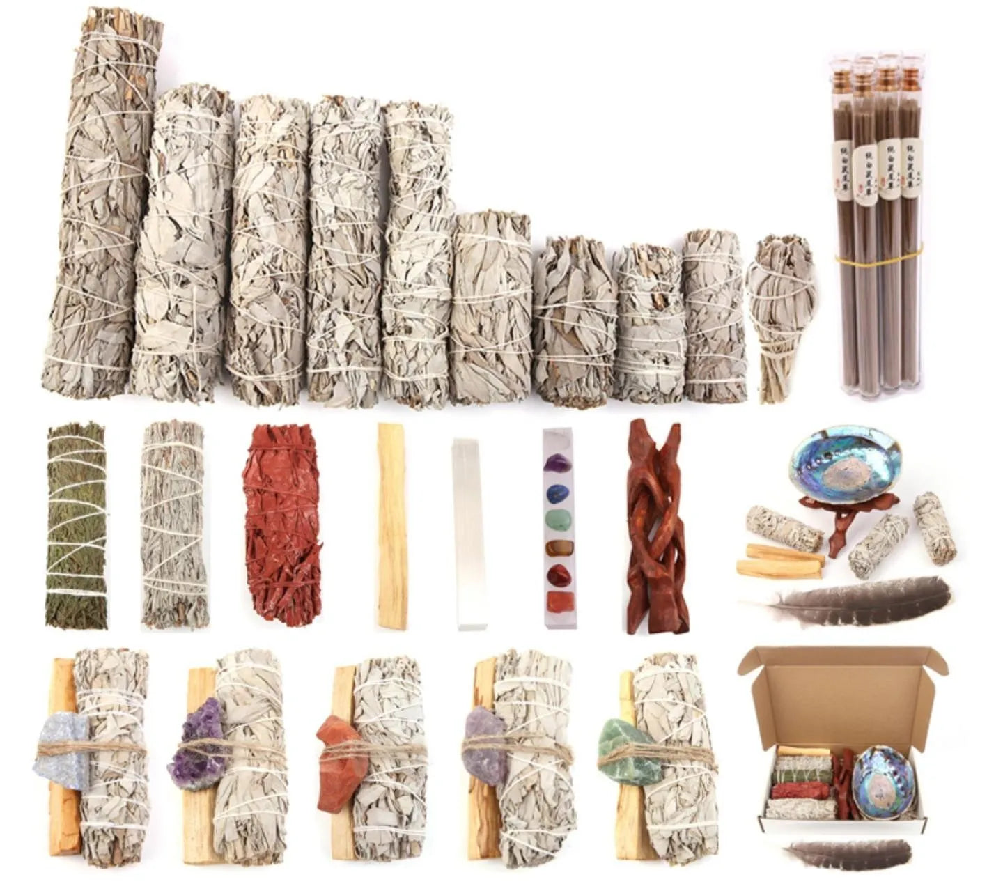 White sage and red rose petal colourful aromatherapy incense bundle on a wooden table