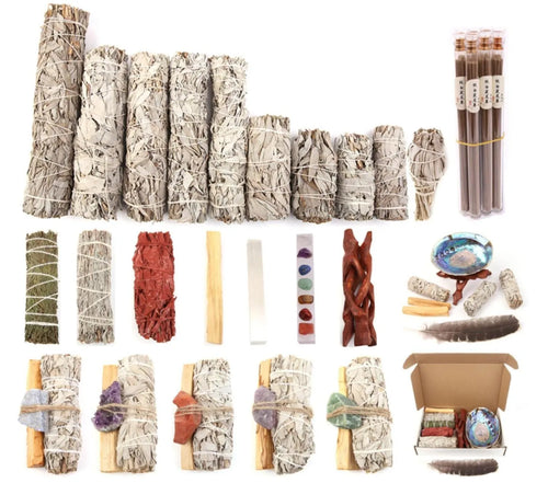 White sage and red rose petal colourful aromatherapy incense bundle on a wooden table