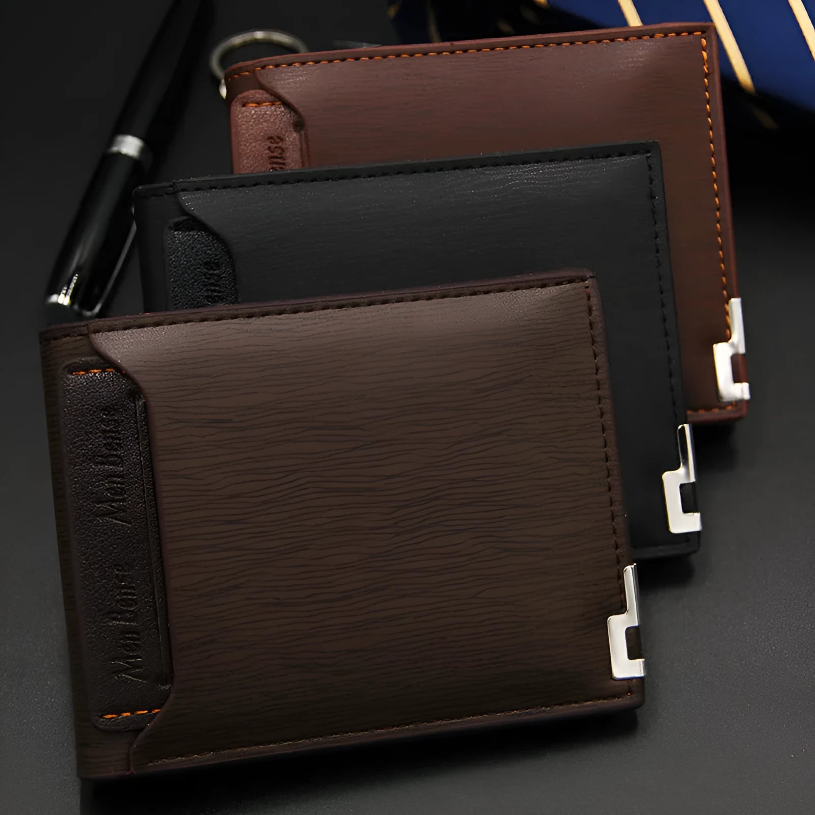 Men's black PU leather short wallet showing iron-edge card-picking slots and phone compartment.