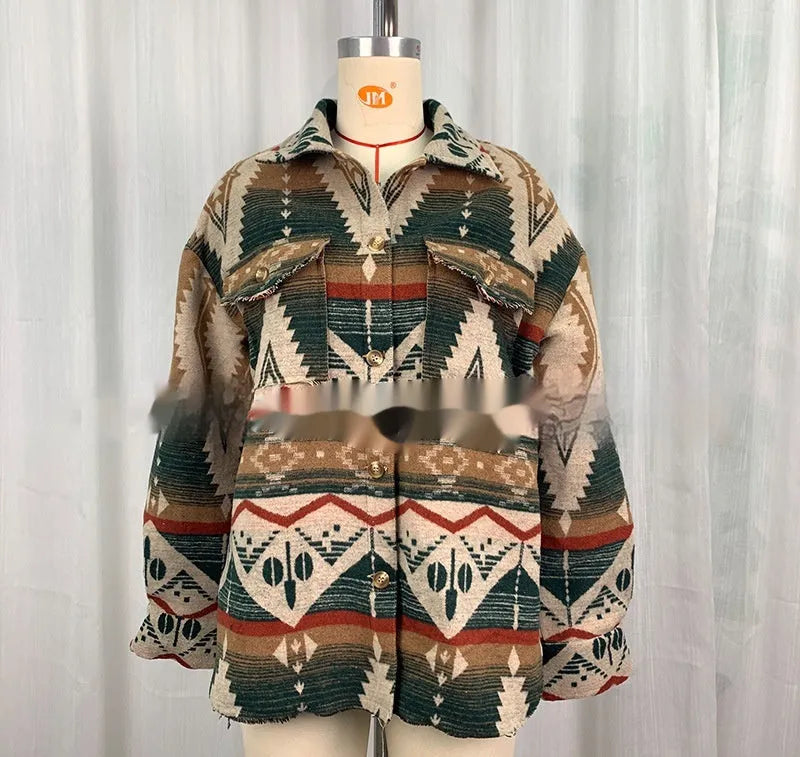Women's Aztec print wool retro jacket in sapphire blue with loose fit and long sleeves