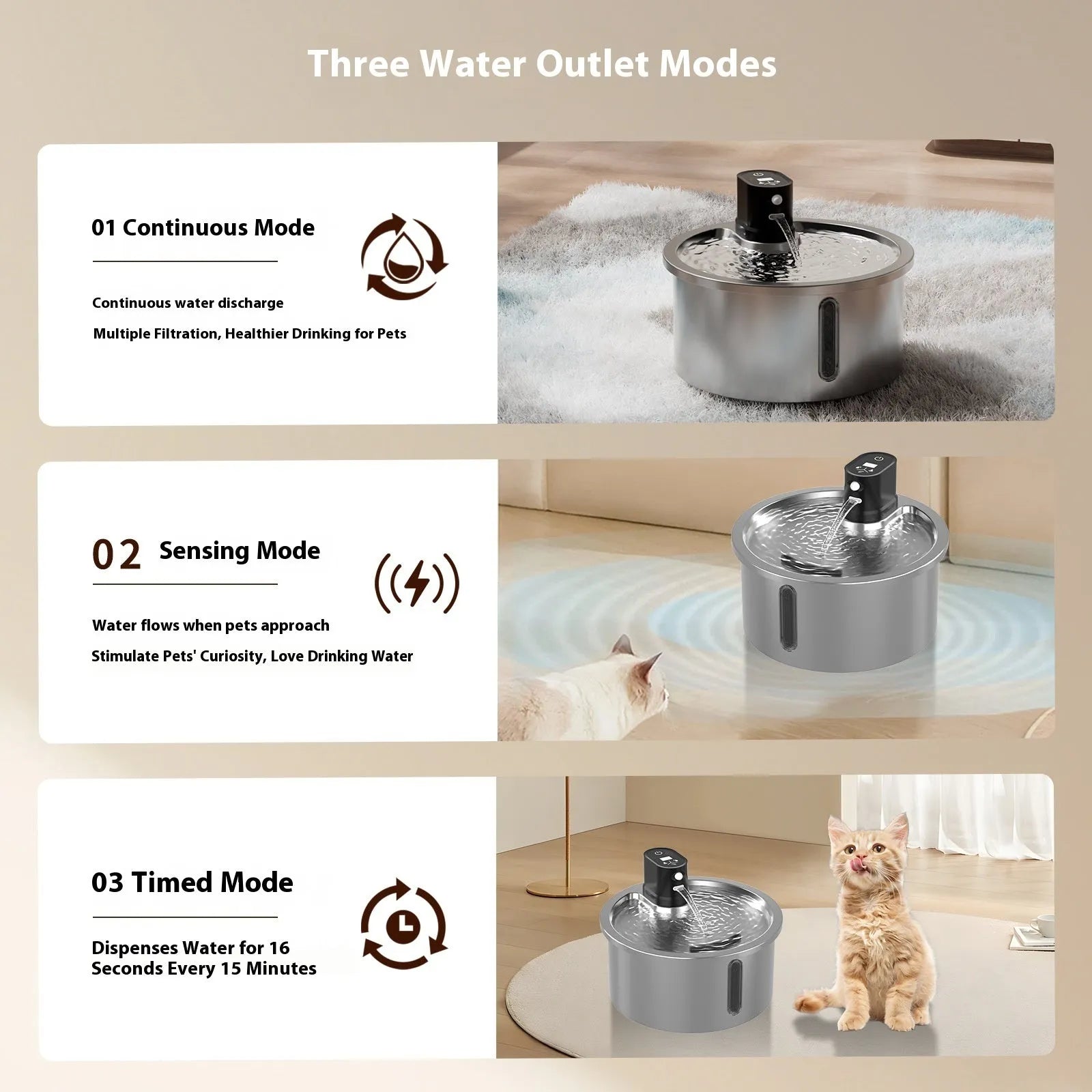 Stainless steel pet water fountain with a white heating base on a wooden floor.