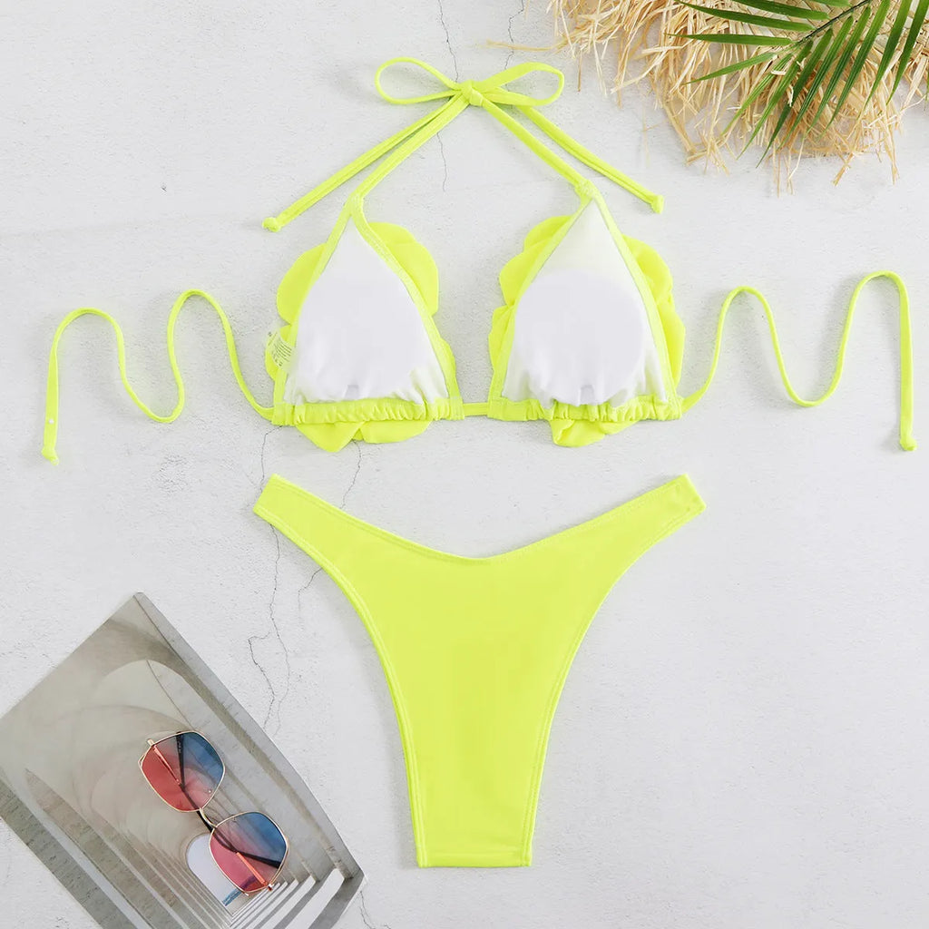 Women's 3D flower low waist bikini swimsuit in solid colour with backless briefs style.