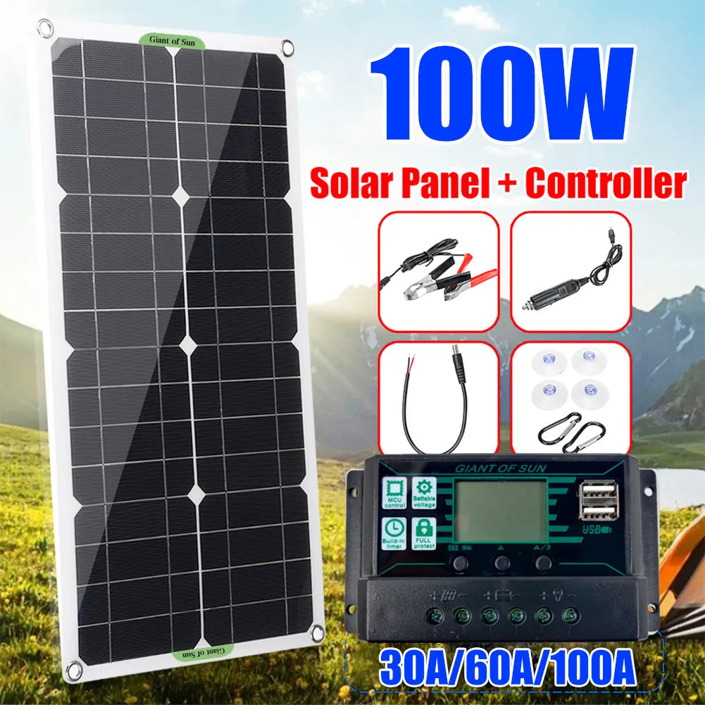 30W semi-flexible solar panel showing USB port for charging mobile devices.