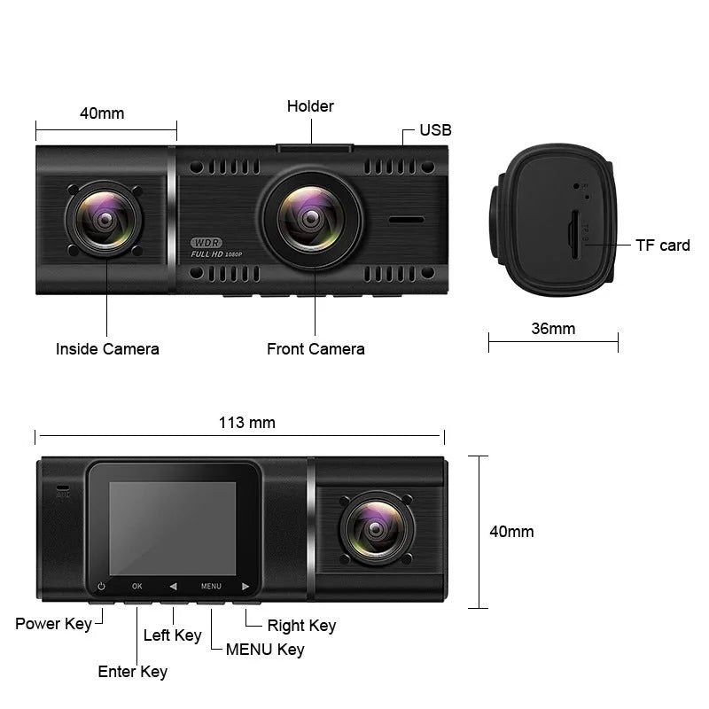 Standard black 1080p dashcam car camera with screen, shown with car charger and stand.