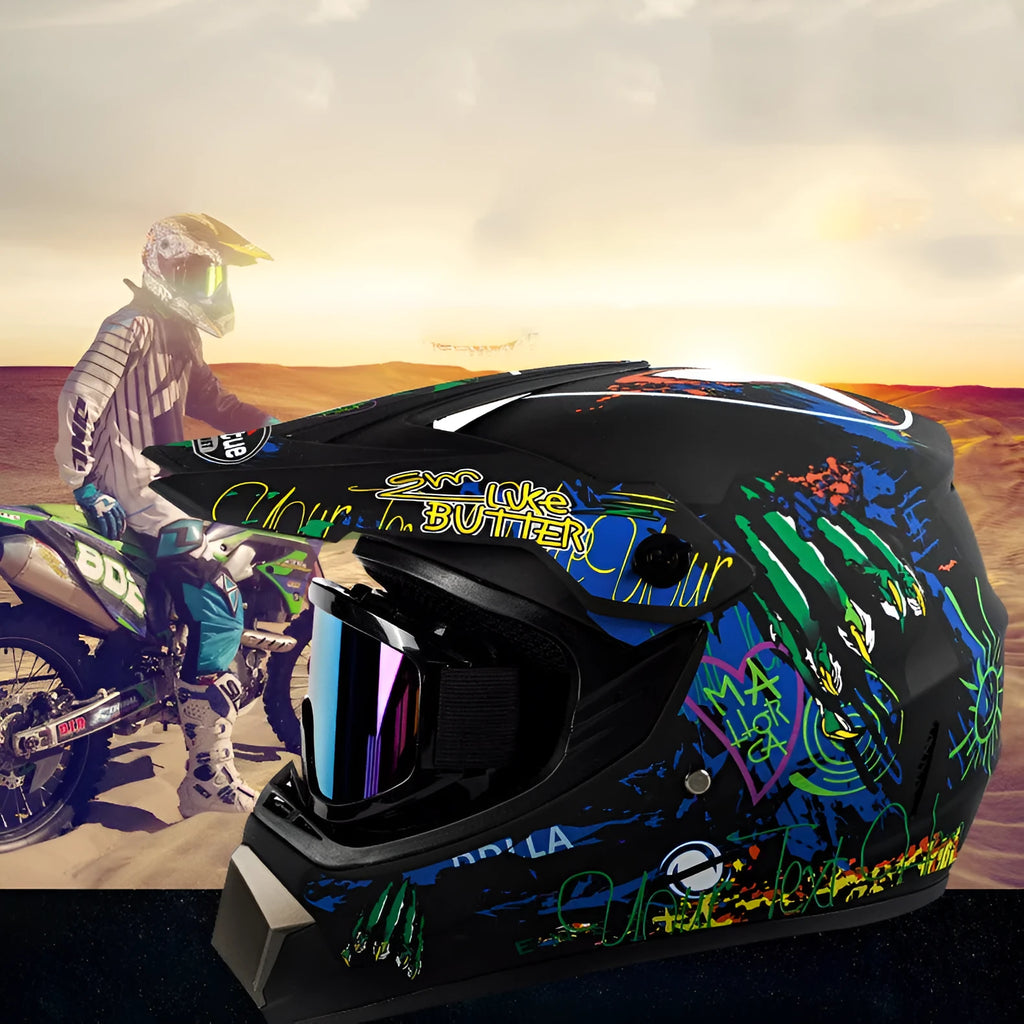 ABS cross-country helmet for kart and motorcycle use in Bright Black Green Boy colour